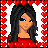 A 4-frame animated contact sheet of a pixel art buddy icon featuring a female character with long dark hair, heart borders, and text elements across frames.