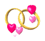 Animated sequence of interlocking golden rings with pink hearts and heart fragments against a gray background.