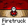 Animated contact sheet of a pixel art character in red jacket against firetruck background with text bubbles and repeated "Firetruck" labels.