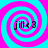 Four identical spiral patterns with alternating cyan and magenta rings, each containing the text 'jill<3' in black pixelated font.