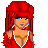 Pixel art contact sheet showing three frames of an animated icon featuring a red-haired cartoon woman in a red dress with text elements below each frame.