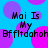 Blue background with purple circles, black text reading 'Mai Is My Bffltdohoh' repeated in two