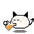 Pixel art character with black cat ears and tail, holding a blue mug with orange liquid, showing four sequential expressions from drinking to smiling.