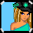 Pixel art contact sheet showing a female character in multiple frames with partial text elements on blue backgrounds.