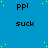 Blue background with yellow dots, repeated text 'ppl' and 'suck' in black pixelated font arranged in a pattern