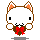 Pixel art cat head with brown outline, orange inner ears, black square eyes, white muzzle, brown whiskers, red bow tie, and gray base.