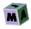 25 rotating cube-shaped icons with visible faces showing letters, peace symbols, and numbers against a gray background
