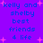 Pixelated blue text on purple background with pink stars, repeating 'kelly and shelby best friends 4 life' in two