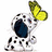 Pixelated cartoon character with white and black spotted body, dark blue circular eye, and yellow-green prop held above head.