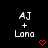 Pixelated text 'AJ + Lana' with red heart symbols on black background, arranged in with repeated elements