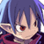 Pixelated anime-style character face with blue hair, red eyes, and a pinkish-red collar against a light background.