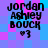 Four identical pixelated text-based icons with 'jordan ashley bouck' and '♡3' on a blue and pink checkered background.
