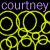 Animated icon with multiple 'courtney' text instances in various colors and bubble-like shapes on a black background.