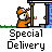 A 4x4 grid of pixel art frames showing a cartoon delivery character interacting with doors and text bubbles in an animated sequence.