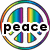 Rainbow-colored peace symbol with 'peace' text below, surrounded by a rainbow ring on white background.