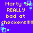 Pixelated text on purple background with cyan square animations; yellow text reads 'Morty is REALLY bad at checkers!!!!!' repeated twice.