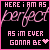 Two side-by-side animated frames of a pixelated buddy icon with pink text on black background, showing color variation in the word "perfect" and heart symbol.