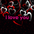 A dark-themed animated icon with red and white heart motifs and pink text phrases on a black background.