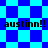 Blue and cyan checkered background with repeated text 'austinn!!' in black pixelated font across four positions.