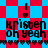 Pixelated text and symbols on a red-and-blue checkered background with heart motifs.
