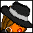 Pixelated character with brown hair, black hat with gray band, orange top, and white hoop earring, shown in three sequential poses with changing arm positions.