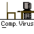 Pixelated animation of a figure at a desk with a computer, showing virus infection progression from static to full screen effects.