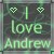Pixelated green and dark gray icon with two heart symbols above the text 'I love Andrew' in light green lettering.
