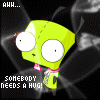 A green cartoon character with large white eyes and a pink collar appears in four , each showing a different pose with text reading 'SOMEBODY NEEDS A HUG!' and 'UHH...' against a black background with faint smoke
