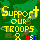 Static pixel art icon featuring yellow text "SUPPORT OUR TROOPS" over a green background with brown tree silhouettes and partial red/white/blue "USA" letters at the bottom right.