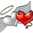 Pixelated icon shows a gray bird with wings spread holding a large red heart, with a small white halo above its head.