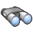 Pixelated grayscale binoculars with light blue lens reflections, angled slightly upward against a white background.