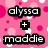Pink polka-dot background with black text reading 'alyssa + maddie sisters for ever' in pixelated font.