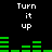 Pixelated text and green bar graphs on black background, with repeated 'Turn it up' text and animated bar movements.