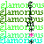 Pixelated text 'glamorons' repeated in green, dark green, light green, cyan hues with black and pink accents on white background.