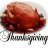 A pixelated red turkey with brown accents stands on a white plate, below which is stylized text reading "Thanksgiving" in black and gray.