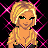 Pixel art contact sheet showing three frames of an animated icon with a blonde cartoon woman against pink chain-link fence background and bold pink text.