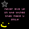 A static pixel art image with a black background, featuring a gray star, pink text, and a yellow smiley face.