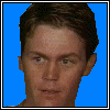 nine pixelated character faces with blue backgrounds, showing progressive animation changes from realistic to cartoonish styles