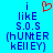 Blue background with blue pixelated text reading "i like S.O.S (hUNtER kEII EY)" and a red heart symbol above the 'i' in the left frame.