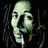 Pixelated grayscale image of a stylized human face with exaggerated features against a dark background.