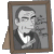 Static pixelated image of a framed portrait with a stylized character in formal attire against a gray background.