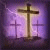 A split-screen icon with a central cross flanked by smaller crosses on the left and text reading 'Drugs or Jesus?' on the right, all in purple tones.