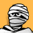 Pixelated static icon of a mummy-like figure with wrapped bandages against an orange background, rendered in black and white tones with visible dithering.