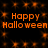 Orange 'Happy Halloween' text repeated across a black background with scattered orange pixel clusters.