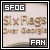 Static pixelated image with text elements: 'SFOG' top-left, 'Six Flags Over Georgia' center, 'FAN' bottom-right on dark backgrounds.