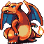 Pixelated orange dragon with blue wings, yellow underbelly, and flame at tail tip against gray background.