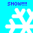 Four white snowflake icons on a cyan background with purple "SNOW!!!!" text above and below each, arranged in a