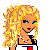 Pixel art contact sheet of a female character with blonde curly hair in various poses and text elements including 'me', 'kiss', and 'SMOOCH' on a white background.