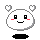 Pixel art character with white rounded head, heart-shaped ears, red cheeks, and black oval body on gray background.