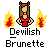 Pixel art animated contact sheet showing three frames of a devil-themed cartoon character with red horns, brown hair, and flames on both sides, wearing a red dress with hands on hips.